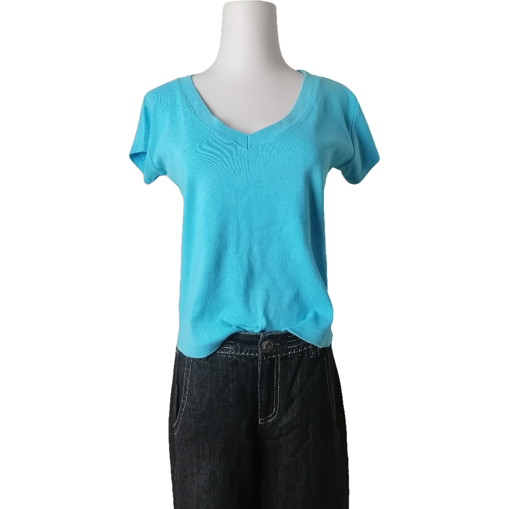 🐬 vintage blue V-neck short-sleeved cotton T-shirt by Reitmans